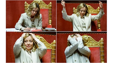 Giorgia Meloni, dalla tosse alle mani nei capelli: le reazioni ai discorsi in Aula al Senato. FOTO