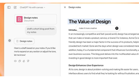 Con Canvas ChatGPT supera il prompt e diventa un vero strumento di scrittura