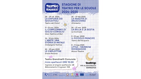 Stagione di Teatro per le scuole 2024- 2025, la presentazione della rassegna il 3 ottobre al Teatro Comunale Grandinetti