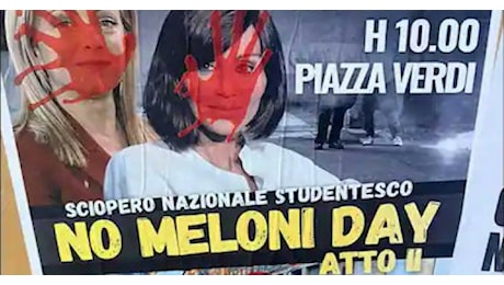 Manifesti coi volti insanguinati di Meloni e Bernini. La ministra: “La violenza non ha a nulla a che fare con la democrazia”