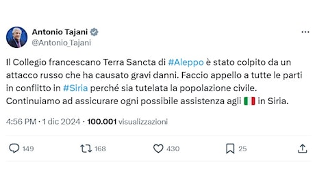 Tajani: “Missili russi colpiscono un Collegio francescano in Siria”