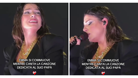 Emma in lacrime sul palco cantando il brano per il padre: il video