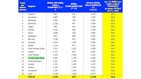 CGIA - MESTRE * FAMIGLIE: « CIBO - BENZINA - BOLLETTE ASSORBONO IL 56,0% DELLA SPESA / IN TRENTINO ALTO ADIGE LA QUOTA È AL 54,9% (REPORT PDF)