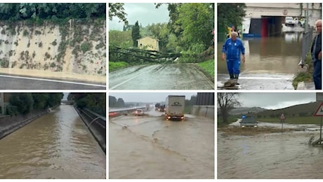 Bomba d'acqua, strade allagate e frane nelle Marche: una famiglia evacuata, strade e ponti chiusi