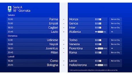 Il calendario di Serie A, le partite e gli orari della 18^ giornata