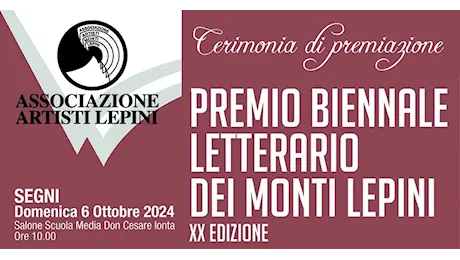 Segni. XX Edizione del Premio Biennale Letterario dei Monti Lepini. Domenica 6 Ottobre, alle ore 10, la cerimonia di premiazione