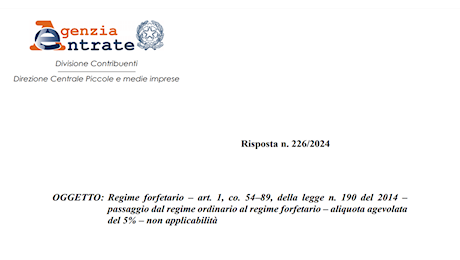 Passaggio dal regime ordinario al forfettario, no alla flat tax del 5 per cento