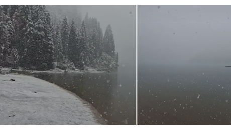 IL VIDEO. Il lago di Braies sotto la neve è uno spettacolo: le immagini dei primi fiocchi della stagione